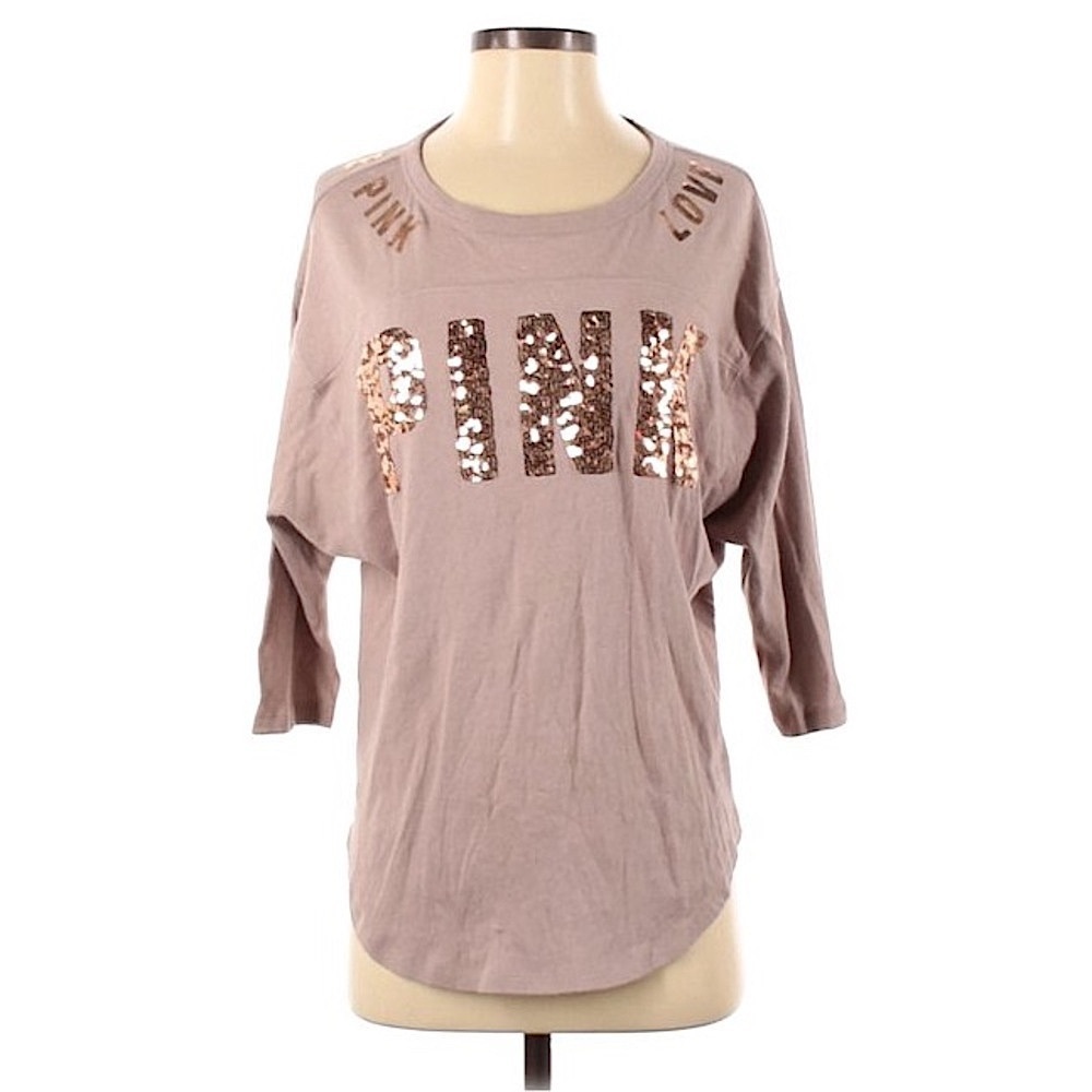Victoria's Secret Pink Mauve Rose Gold Bling Sequin Quarter Sleeve Sweater XS